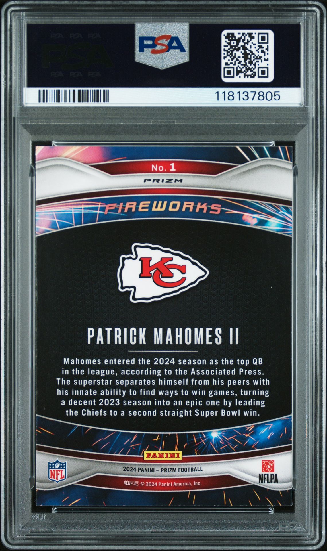 2024 Panini Prizm Fireworks Patrick Mahomes Ii #1 (Fireworks-No Huddle) Gem Mt 10 back