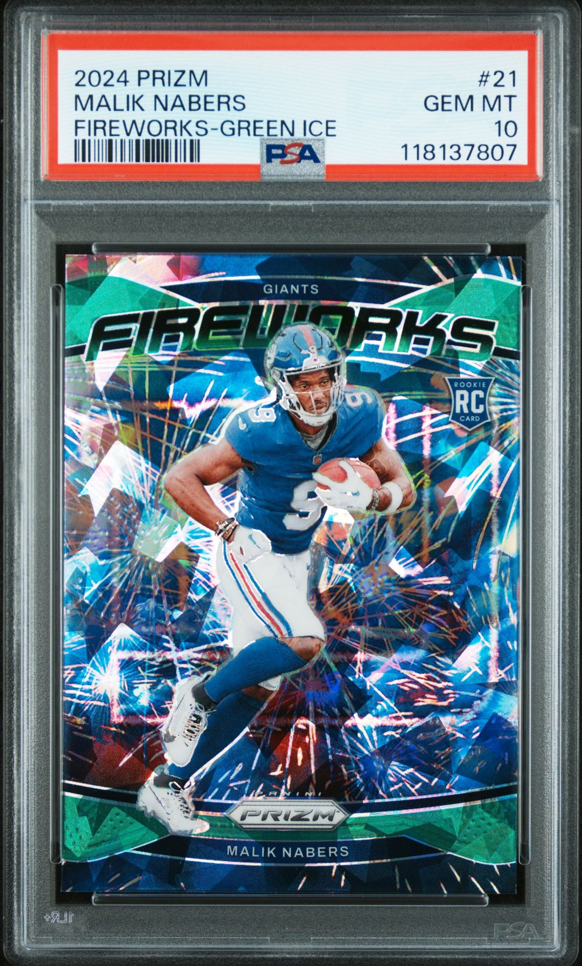 2024 Panini Prizm Fireworks Malik Nabers #21 (Fireworks-Green Ice) Gem Mt 10 front