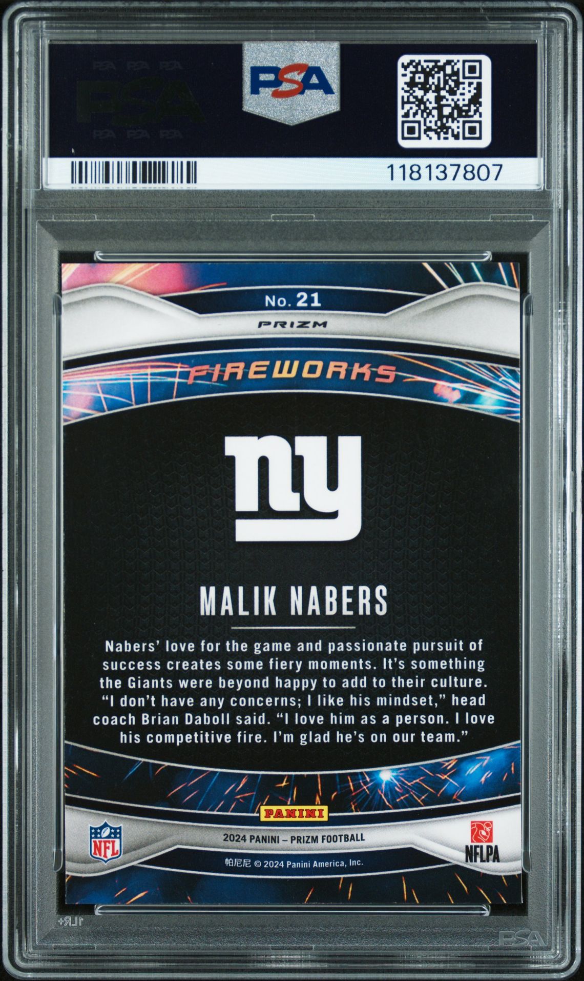 2024 Panini Prizm Fireworks Malik Nabers #21 (Fireworks-Green Ice) Gem Mt 10 back
