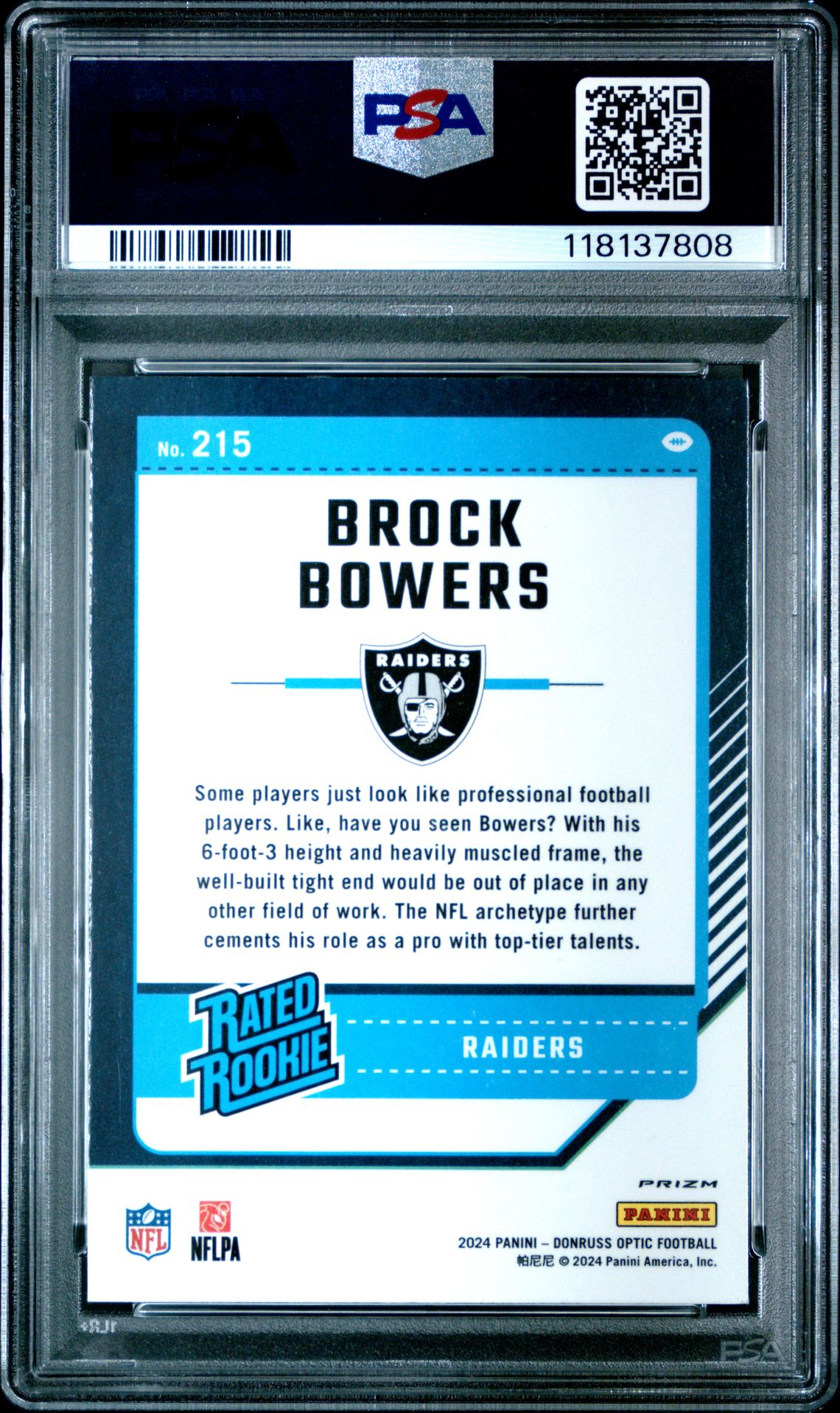 2024 Panini Donruss Optic Brock Bowers #215 (Blue Scope) Mint 9 back