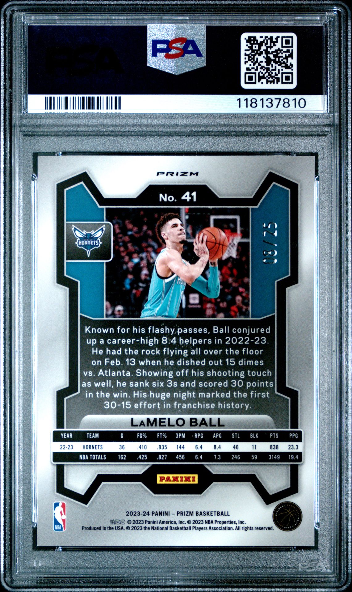 2023 Panini Prizm Lamelo Ball #41 (Mojo Prizm) Gem Mt 10 back