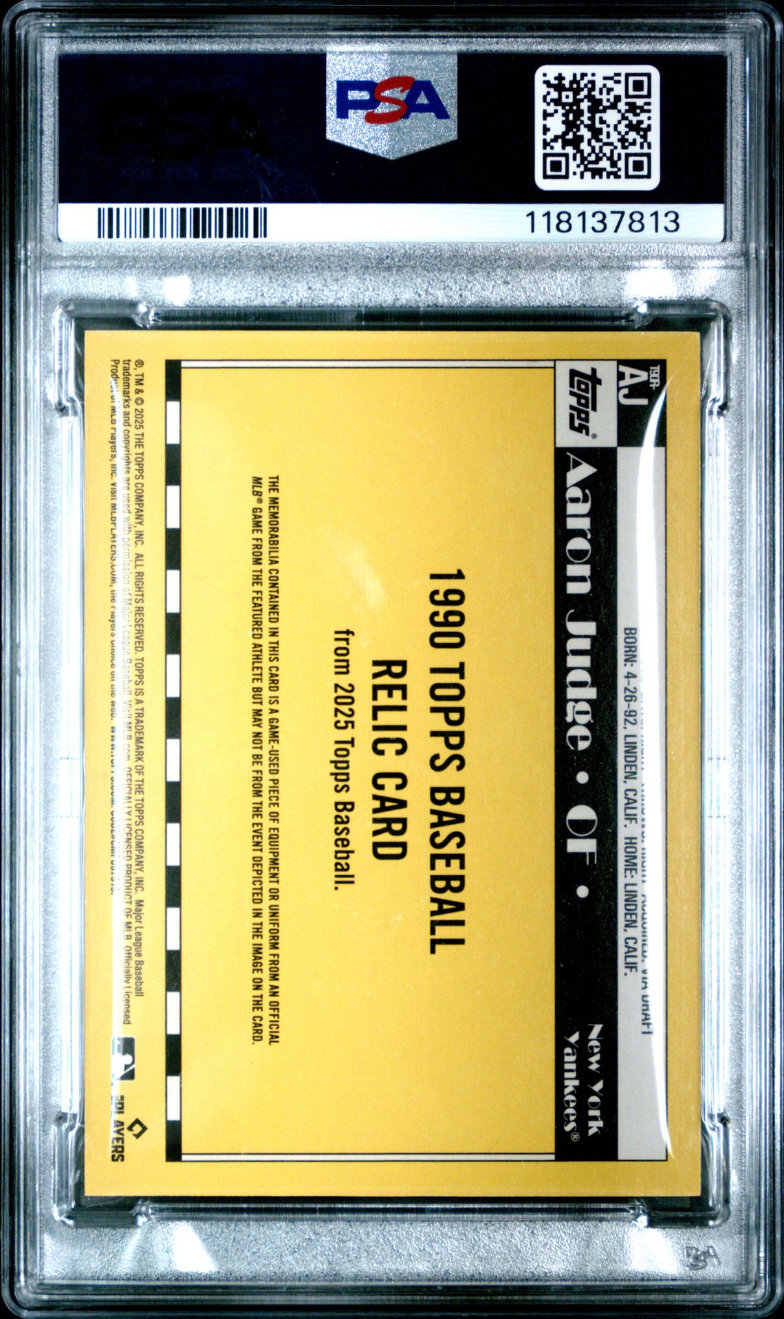 2025 Topps 1990 Topps Baseball Relics Aaron Judge #T90Raj Gem Mt 10 back