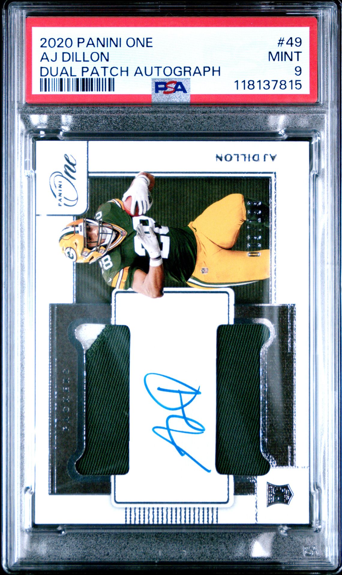 2020 Panini One Aj Dillon #49 (Dual Patch Autograph) Mint 9 front