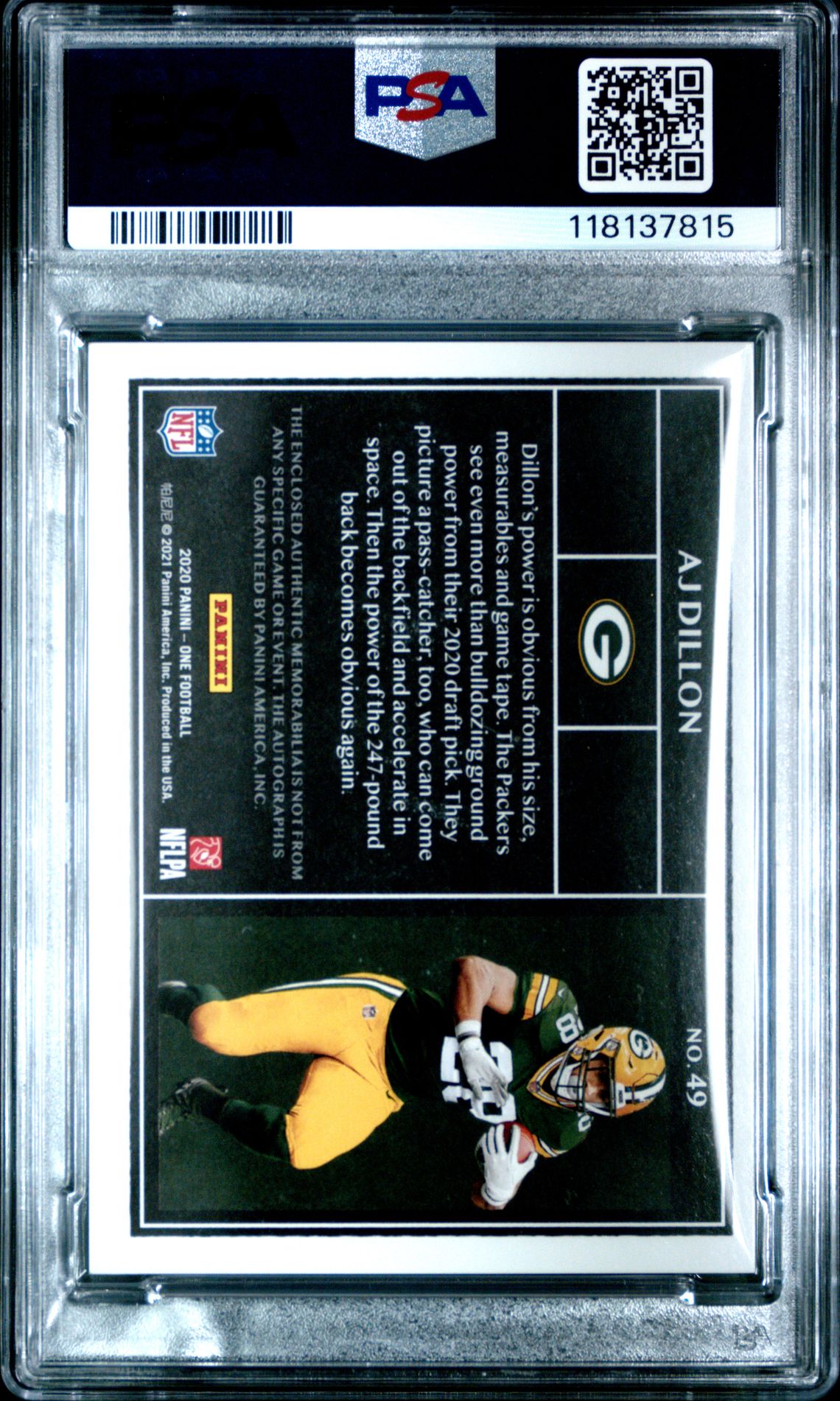 2020 Panini One Aj Dillon #49 (Dual Patch Autograph) Mint 9 back