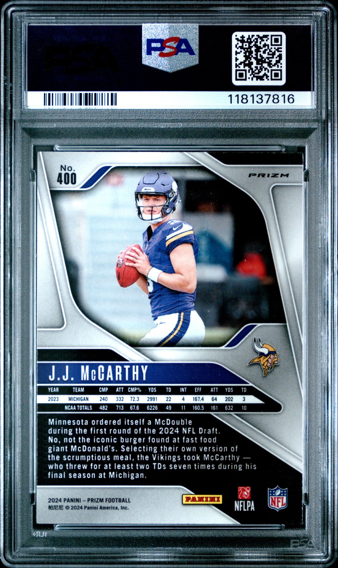 2024 Panini Prizm Jj Mccarthy #400 (Lazer Prizm) Mint 9 back
