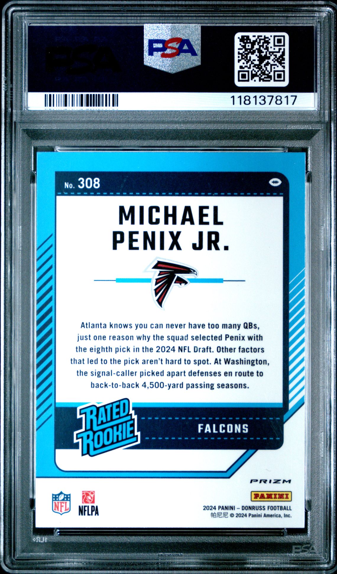 2024 Panini Donruss Michael Penix Jr. #308 (Optic Preview-Red Wave) Gem Mt 10 back
