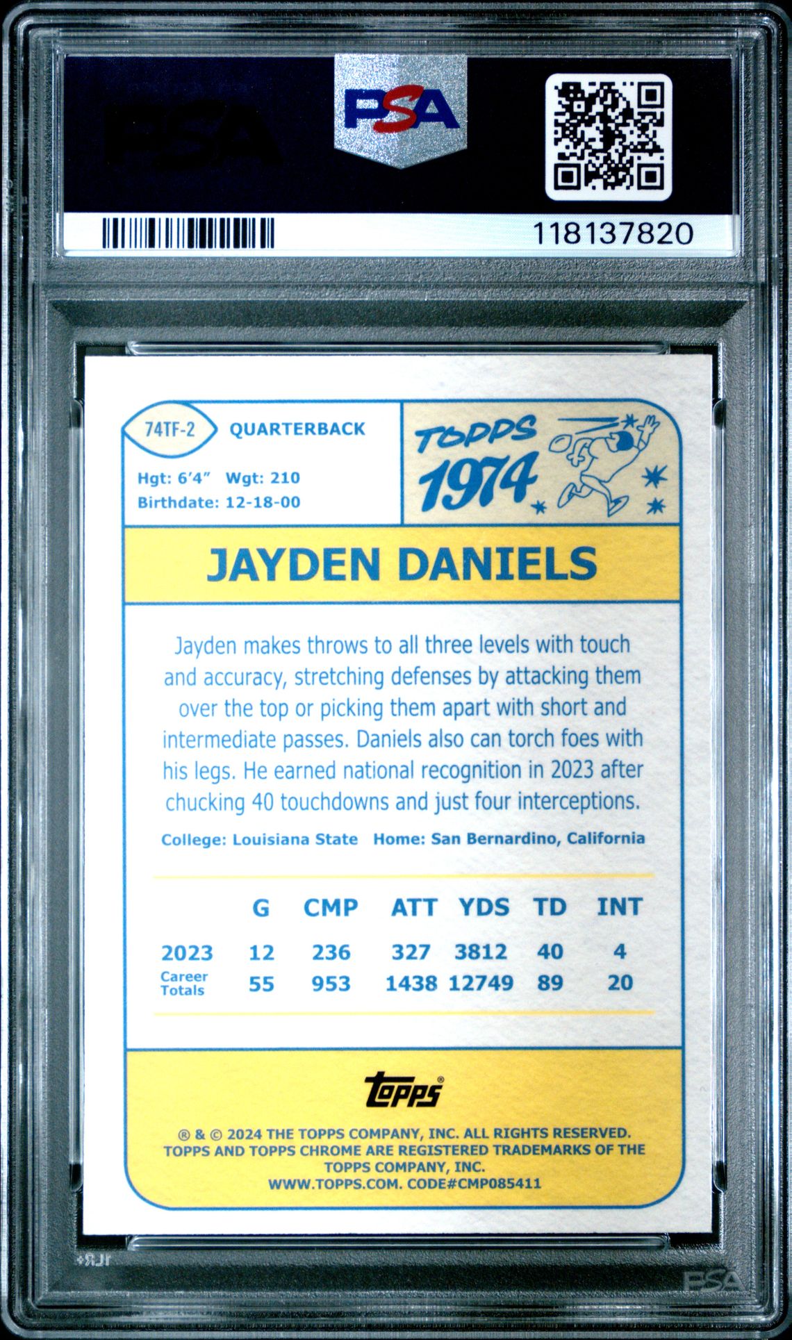 2024 Topps Chrome 1974 Topps Football Jayden Daniels #74Tf2 (1974 Topps Football-Pink Ref) Mint 9 back