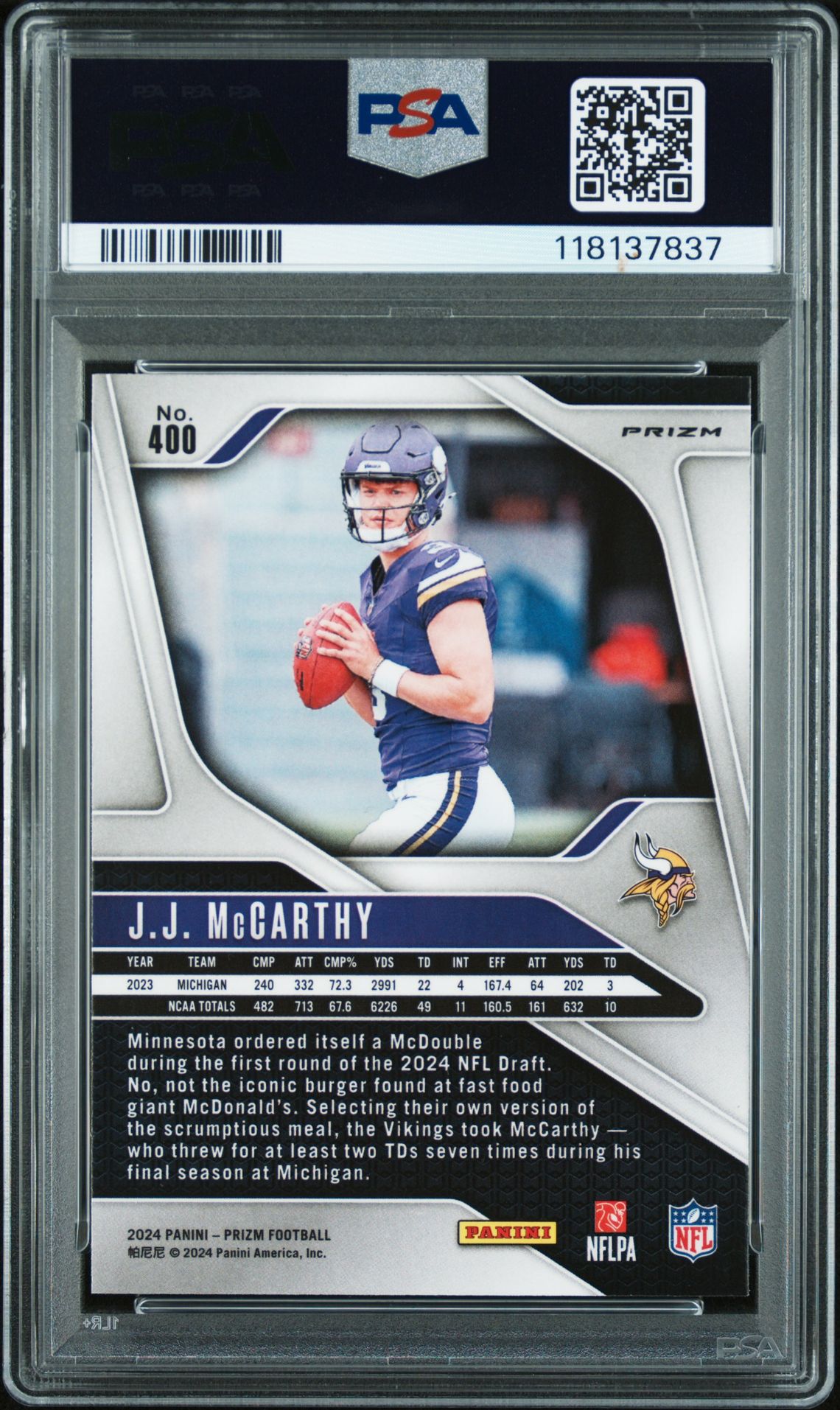 2024 Panini Prizm Jj Mccarthy #400 (Black & White Checker) Mint 9 back