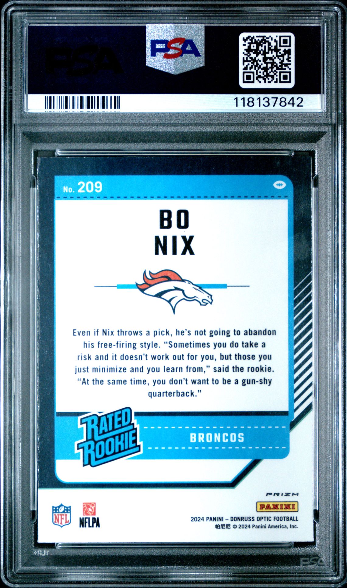 2024 Panini Donruss Optic Bo Nix #209 (Purple Shock) Mint 9 back
