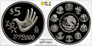 1999-2000-Mo 5 Peso Millennium Series Hand of Peace PR68DCAM