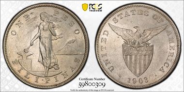 1903-S Peso KM-168  Ag AU58