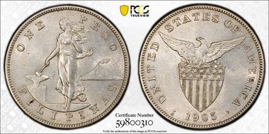 1905-S Peso Allen-16.06 Curved Serif AU55