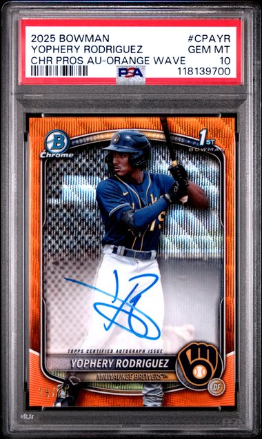 2025 Bowman BOWMAN CHROME PROSPECT AUTOGRAPHS CHR PROS AU-ORANGE WAVE #CPAYR Yophery Rodriguez front