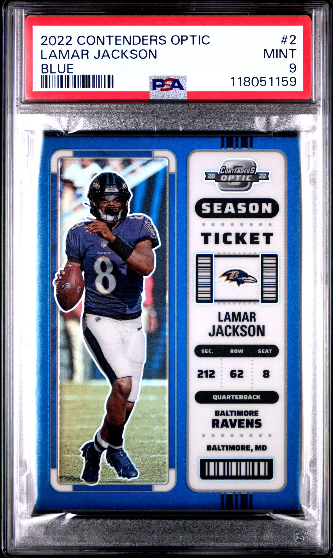2022 Panini Contenders Optic Lamar Jackson #2 (Blue) Mint 9 front