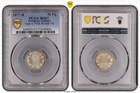 1877-B 50 Pfg J-8 Type II with Wreath MS67