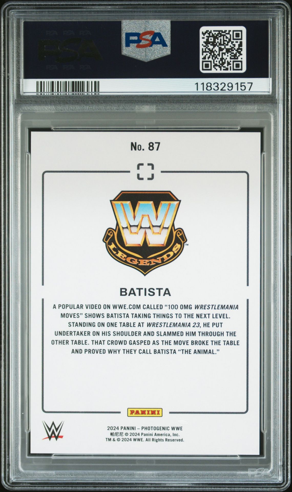 2024 Panini Photogenic Wwe Batista #87 (Maze) Gem Mt 10 back view - PSA certificate #118329157