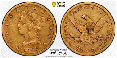 1866-S $10 No Motto VF35