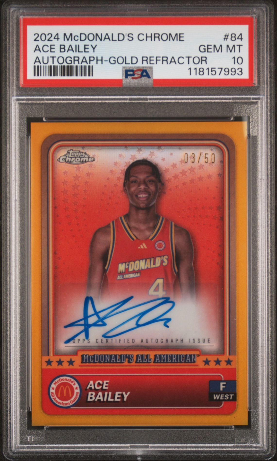 2024 Topps Chrome TOPPS CHROME MCDONALD'S ALL AMERICAN AUTOGRAPH-GOLD REFRACTOR #84 Ace Bailey front