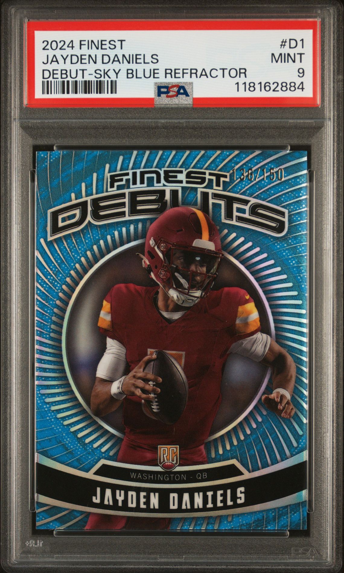 2024 Topps Finest Debut Jayden Daniels #D1 (Debut-Sky Blue Refractor) Mint 9 front