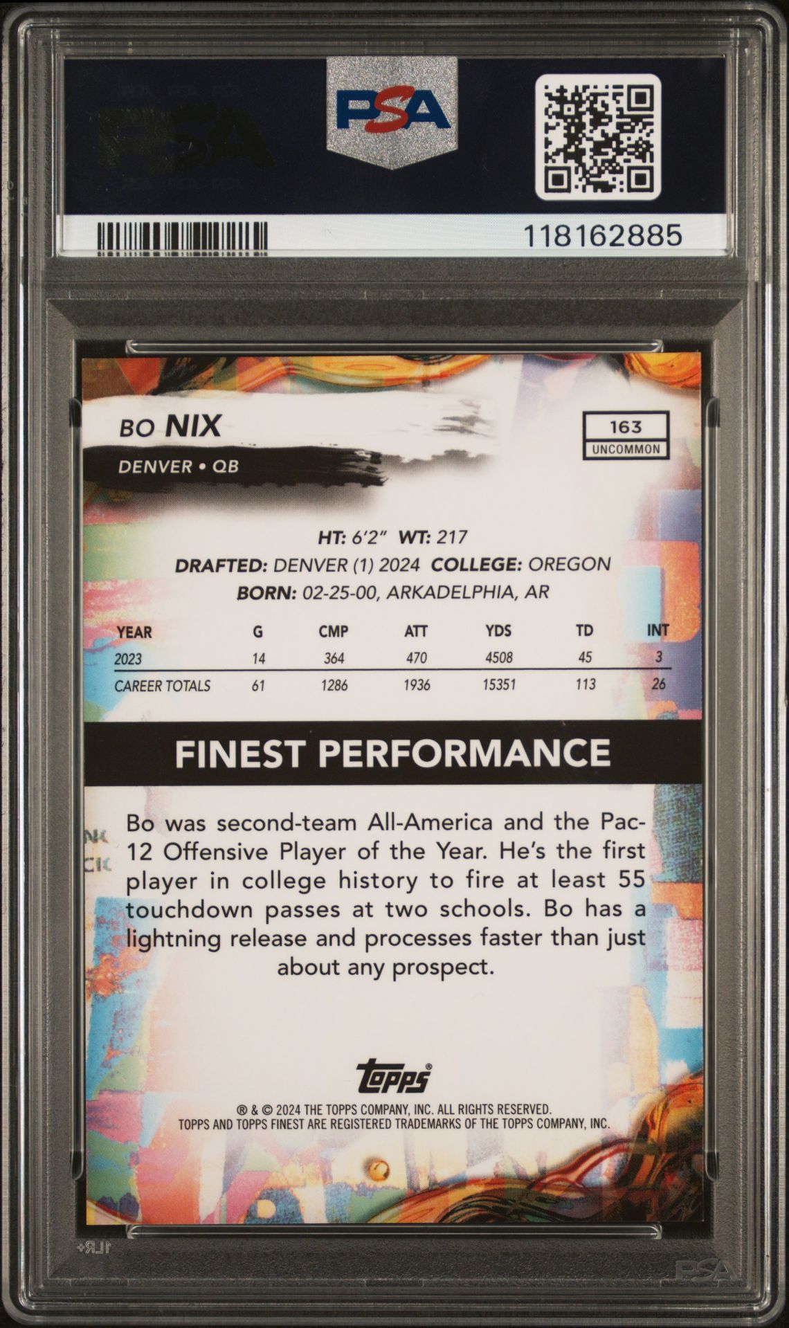 2024 Topps Finest Bo Nix #163 (Green Refractor) Gem Mt 10 back