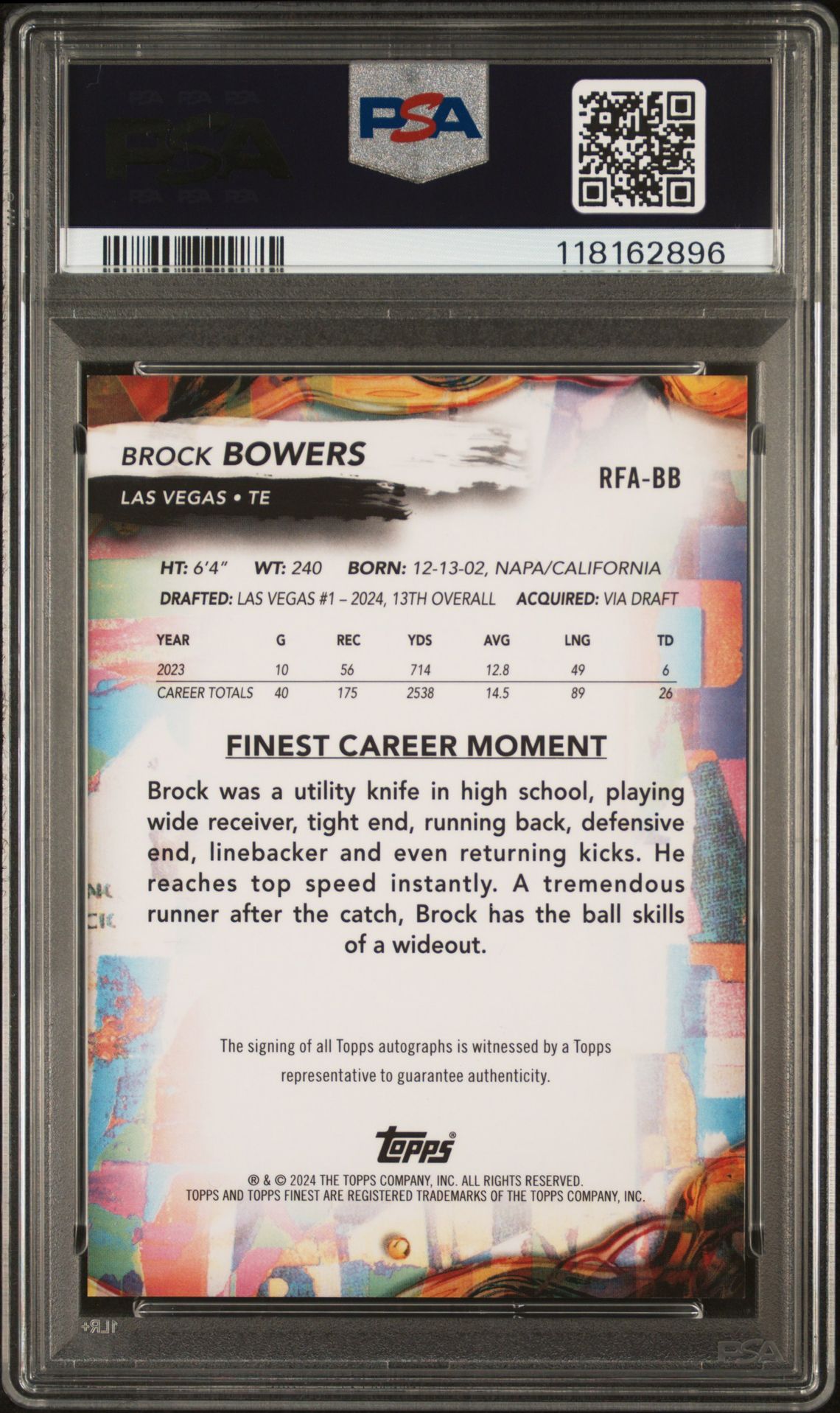 2024 Topps Finest Rookie Finest Autographs Brock Bowers #Rfabb Gem Mt 10 back