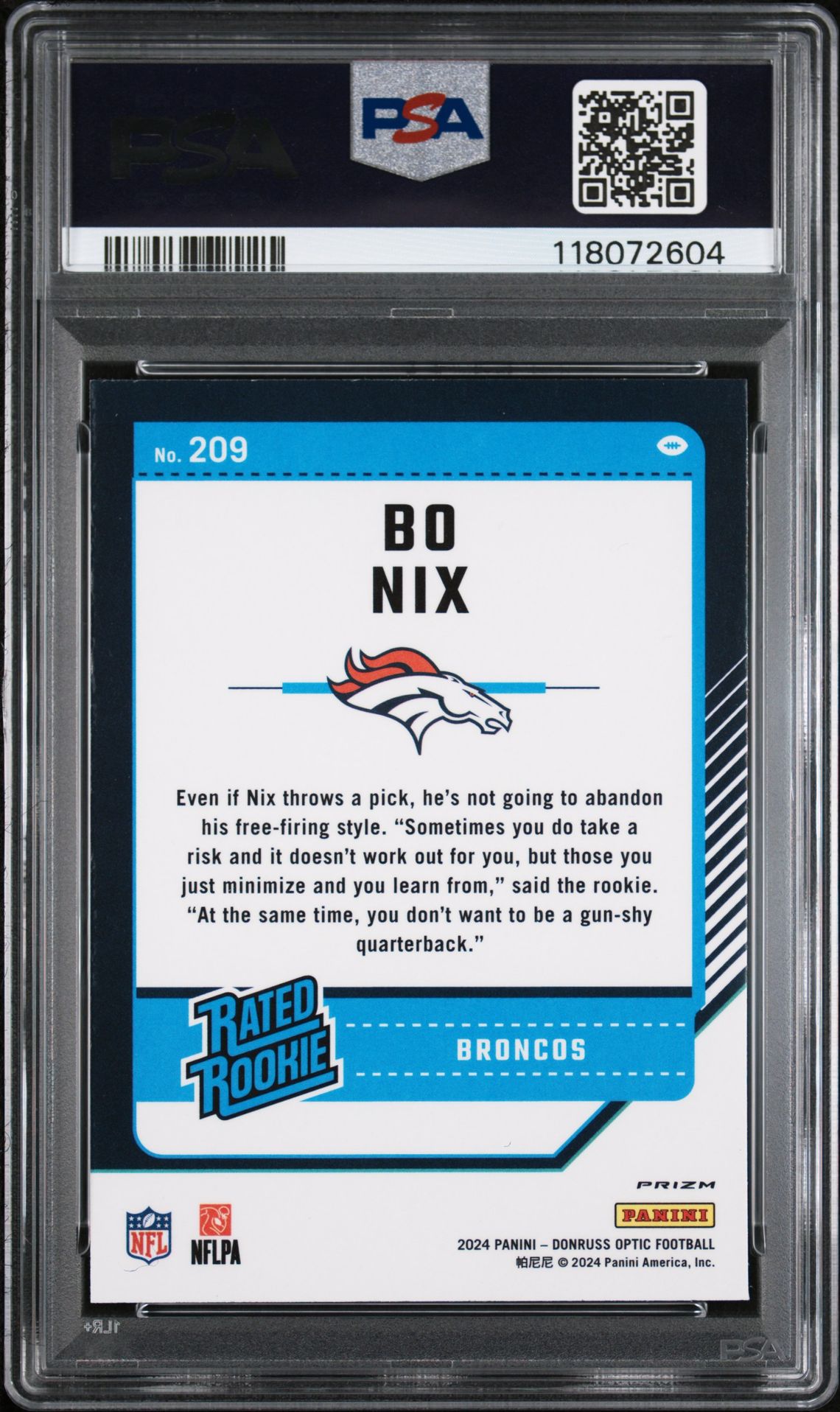 2024 Panini Donruss Optic Bo Nix #209 (Purple Shock) Gem Mt 10 back