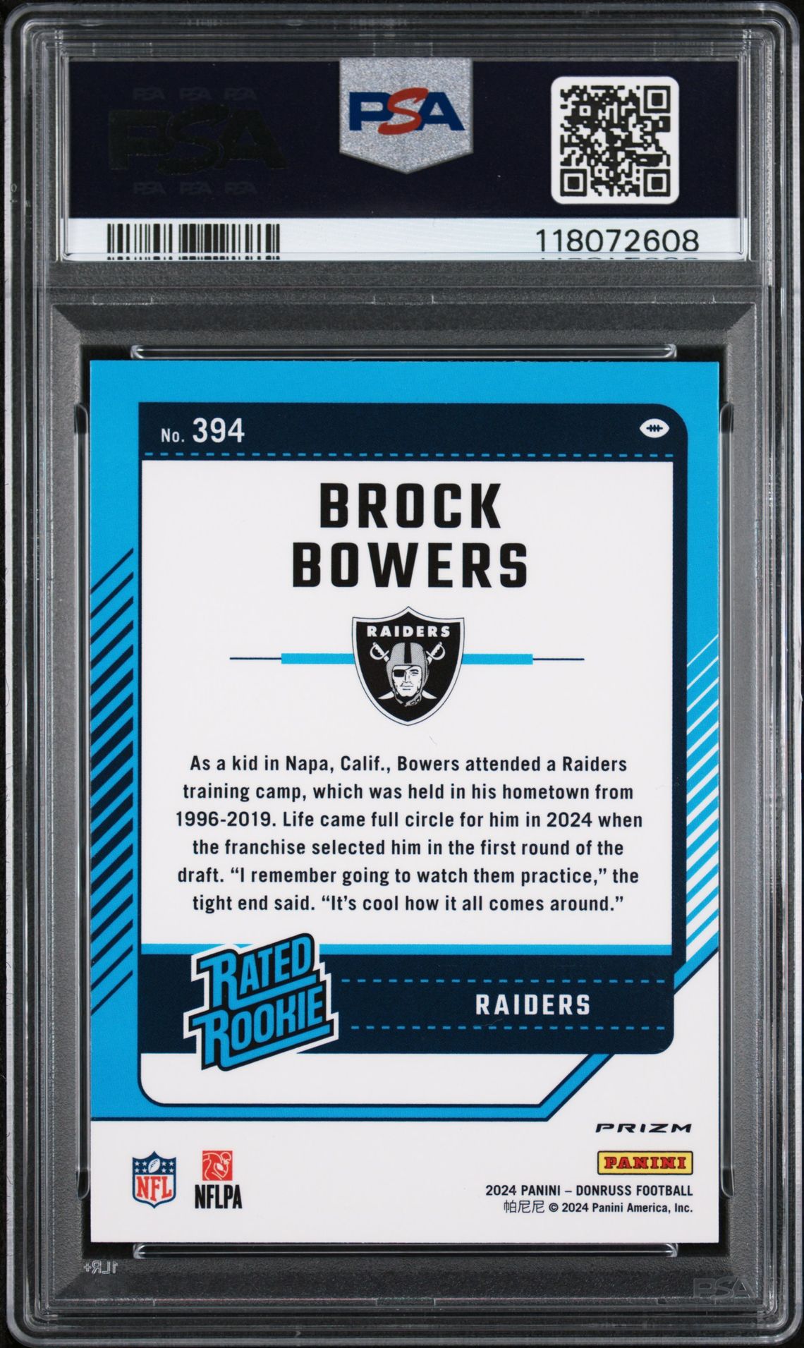 2024 Panini Donruss Brock Bowers #394 (Optic Preview-Red Pandora) Mint 9 back
