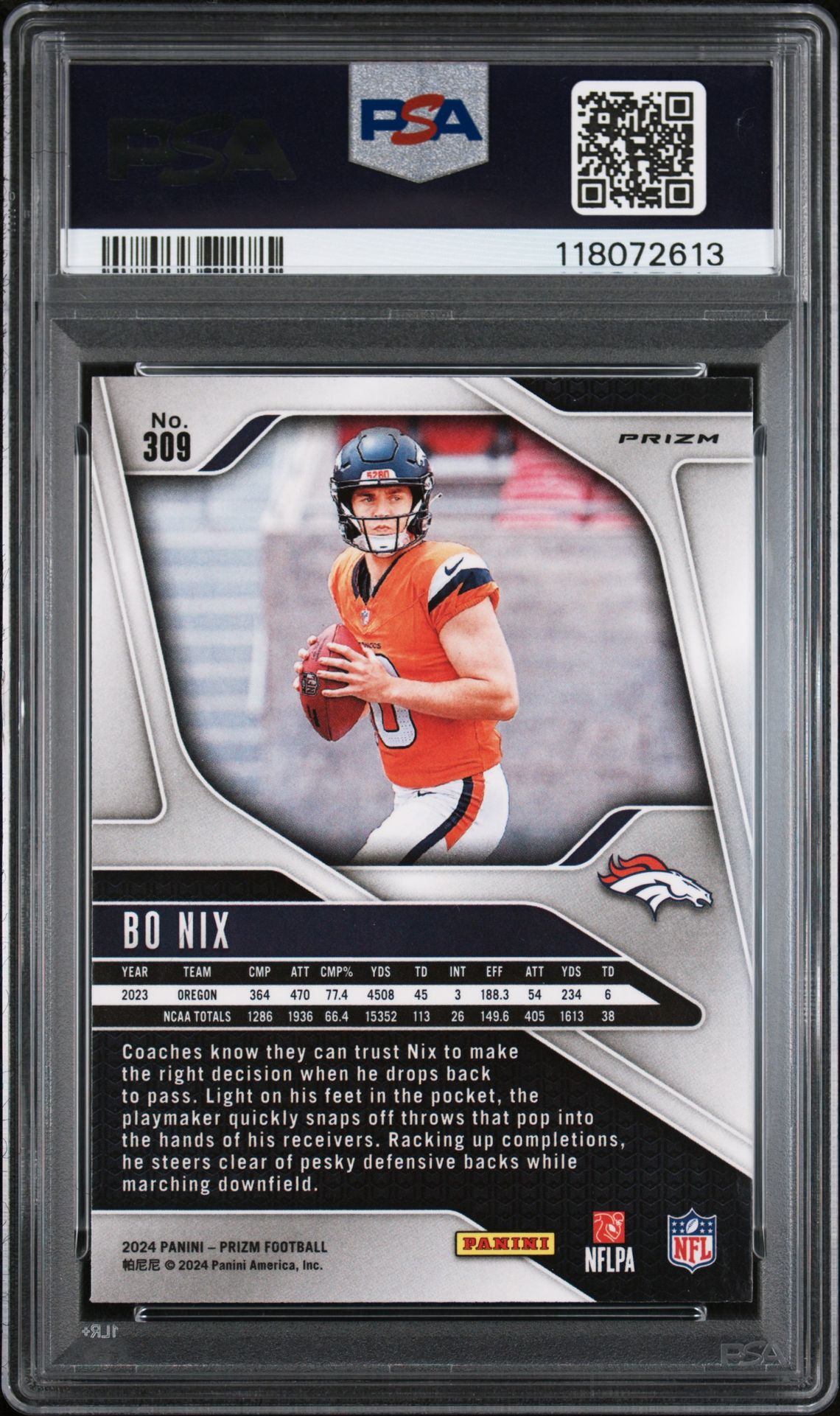 2024 Panini Prizm Bo Nix #309 (Lazer Prizm) Gem Mt 10 back