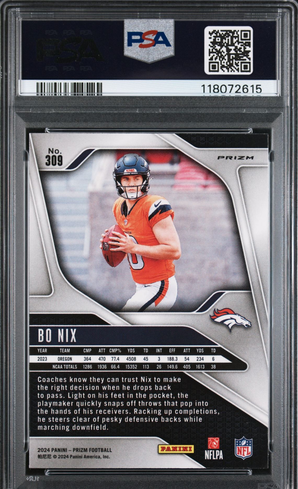 2024 Panini Prizm Bo Nix #309 (Lazer Prizm) Mint 9 back