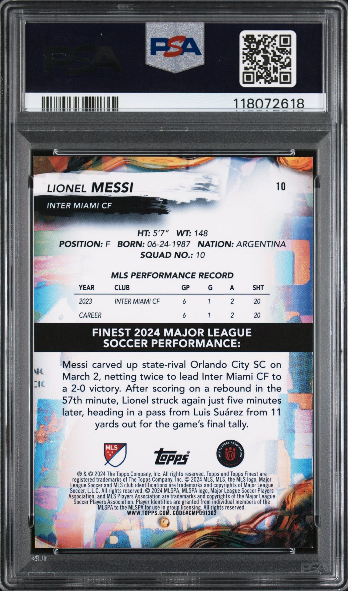 2024 Topps Finest Mls Lionel Messi #10 (Holo Glow Var-Gold Ref) Mint 9 back