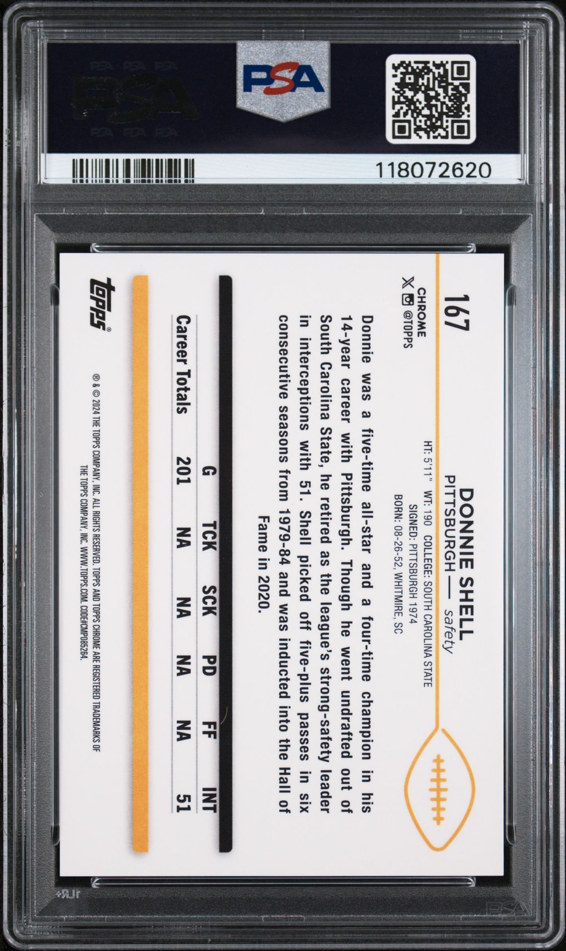 2024 Topps Chrome Sapphire Donnie Shell #167 (Orange) Gem Mt 10 back