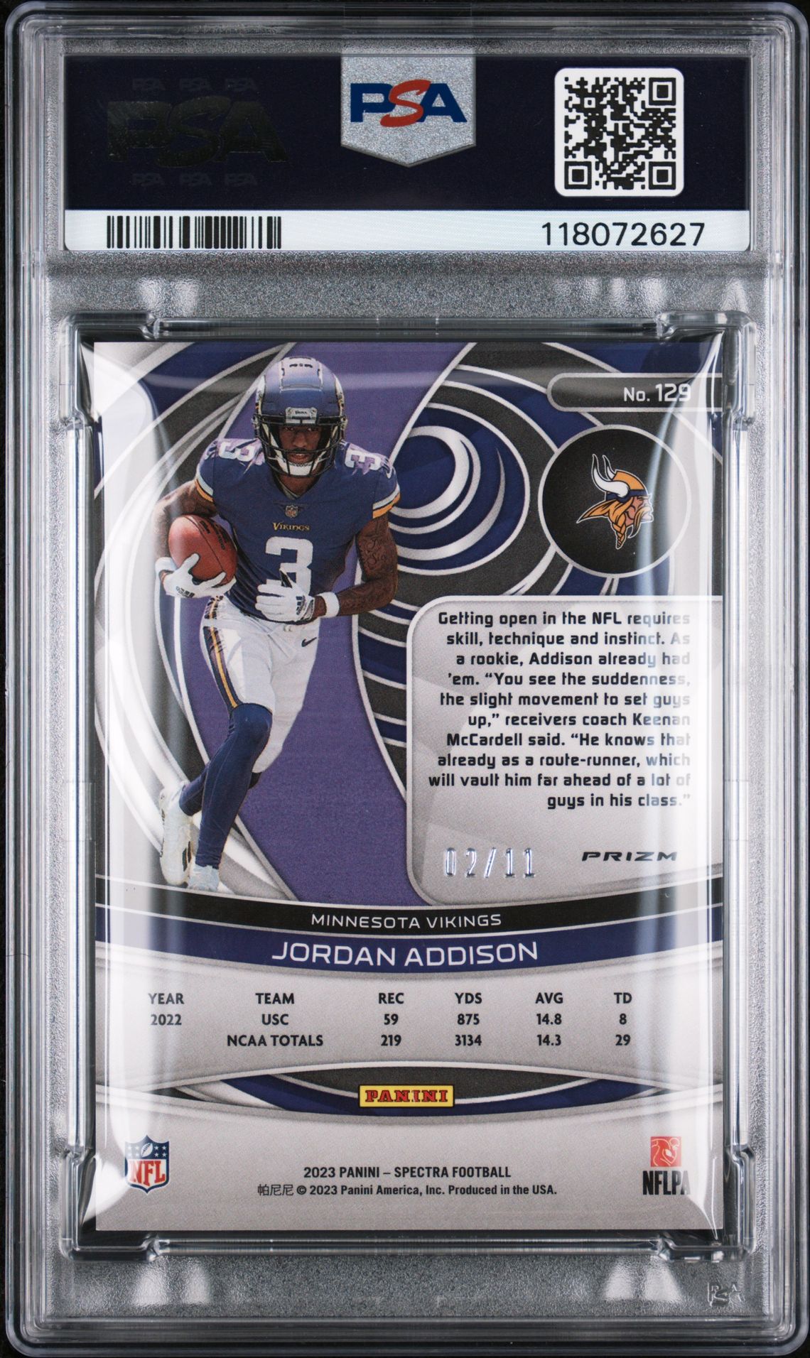 2023 Panini Spectra Jordan Addison #129 (Wave) Gem Mt 10 back