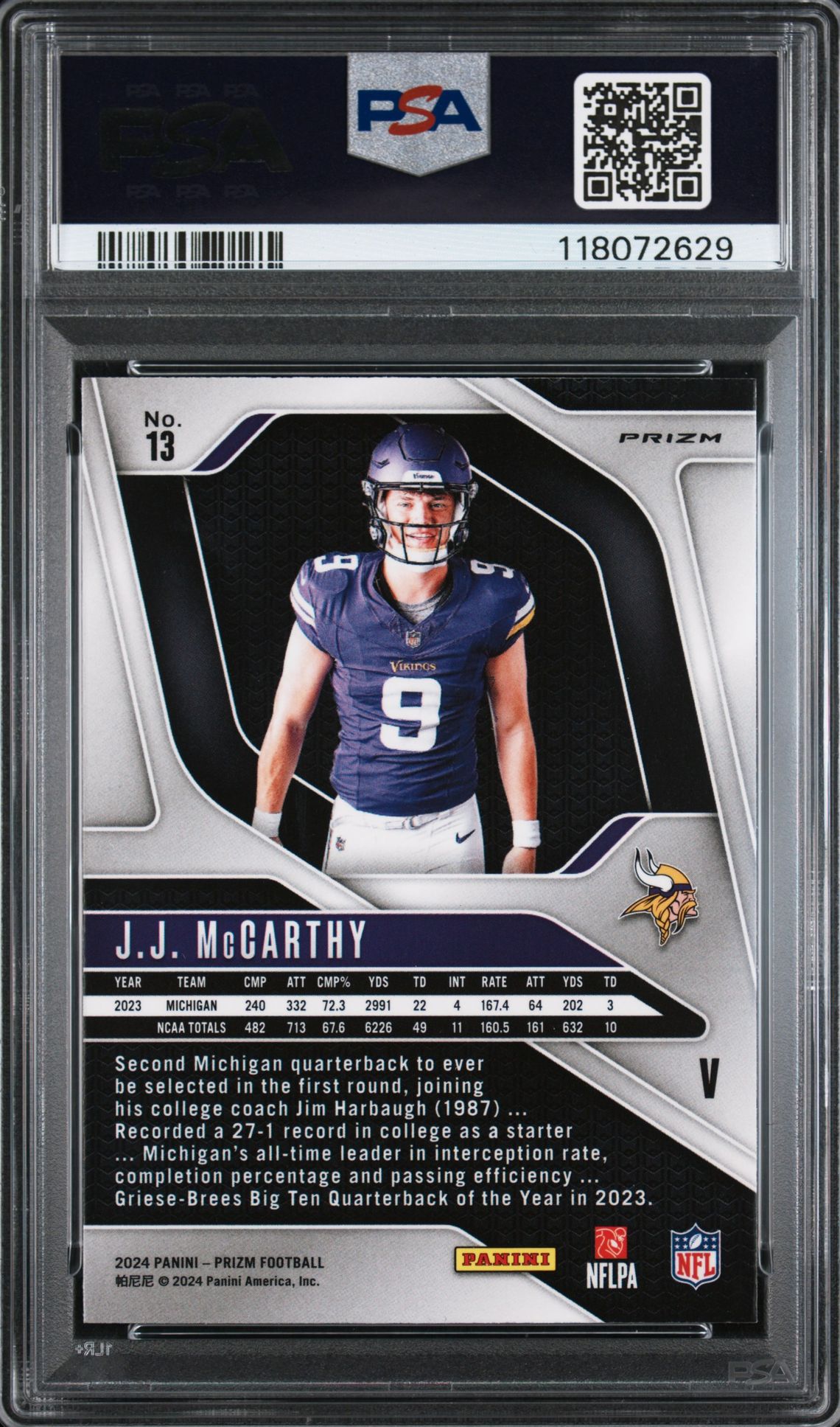 2024 Panini Prizm Rookie Variation Jj Mccarthy #13 Mint 9 back