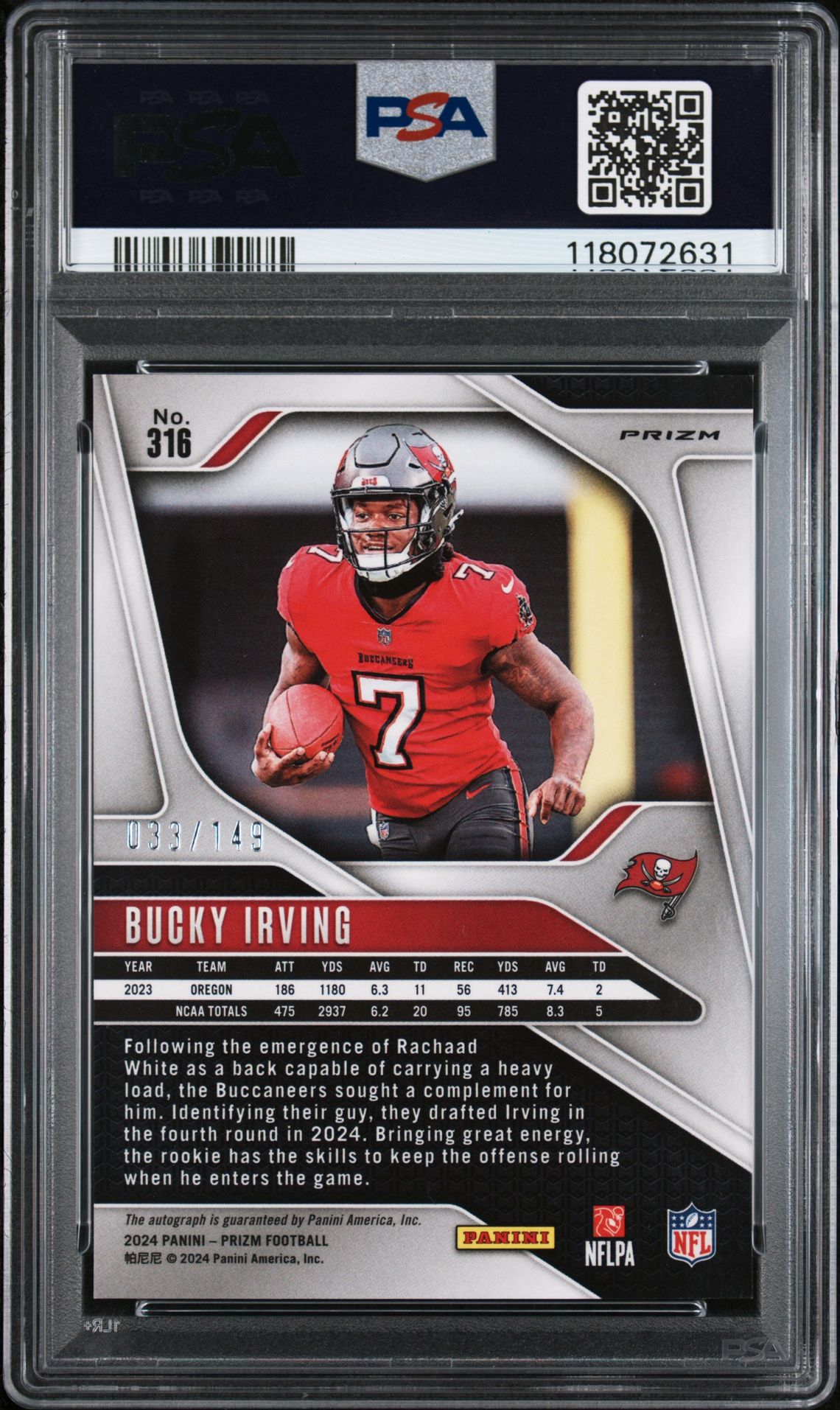 2024 Panini Prizm Bucky Irving #316 (Autograph-Red Wave) Mint 9 back