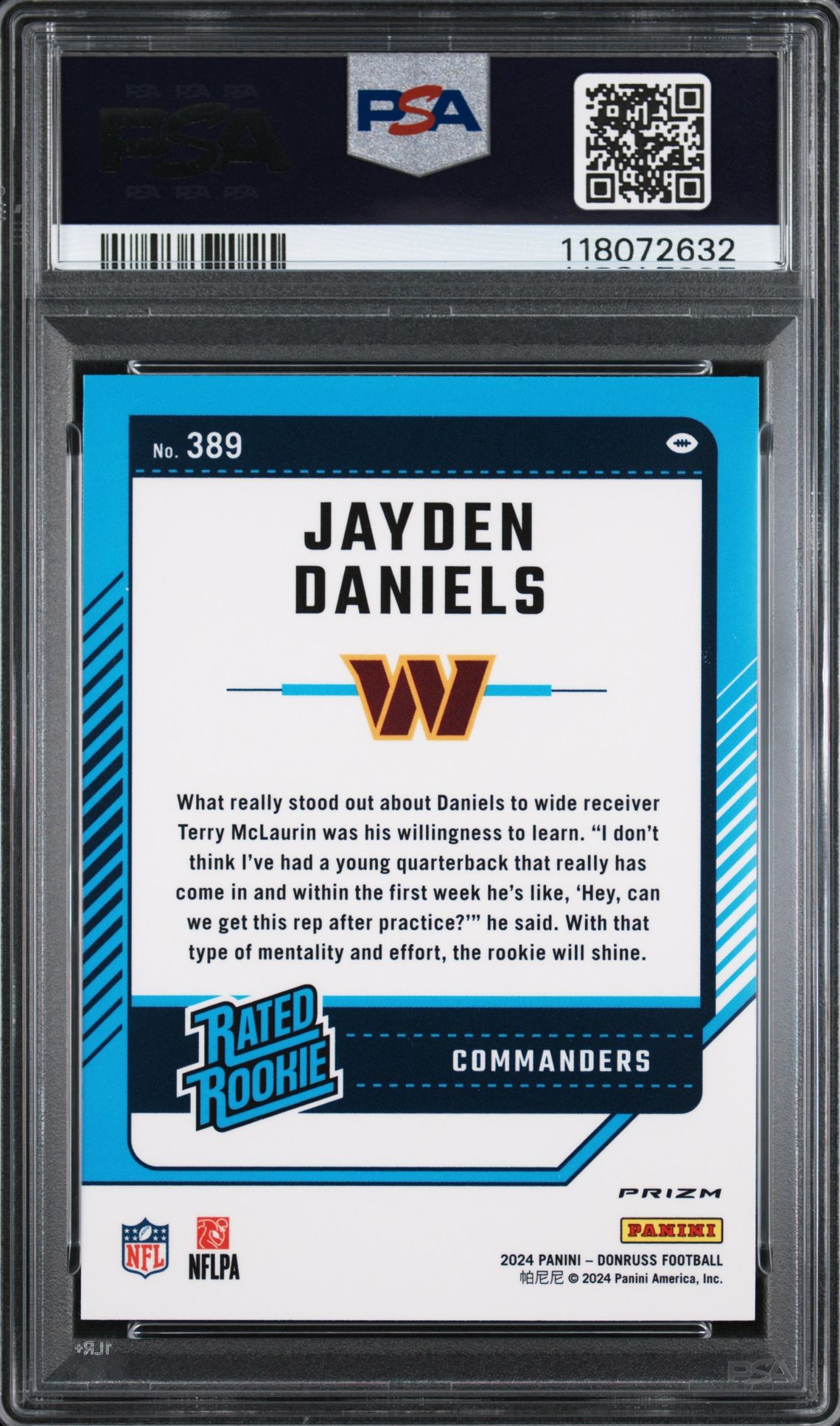 2024 Panini Donruss Jayden Daniels #389 (Optic Preview-Blue Scope) Mint 9 back