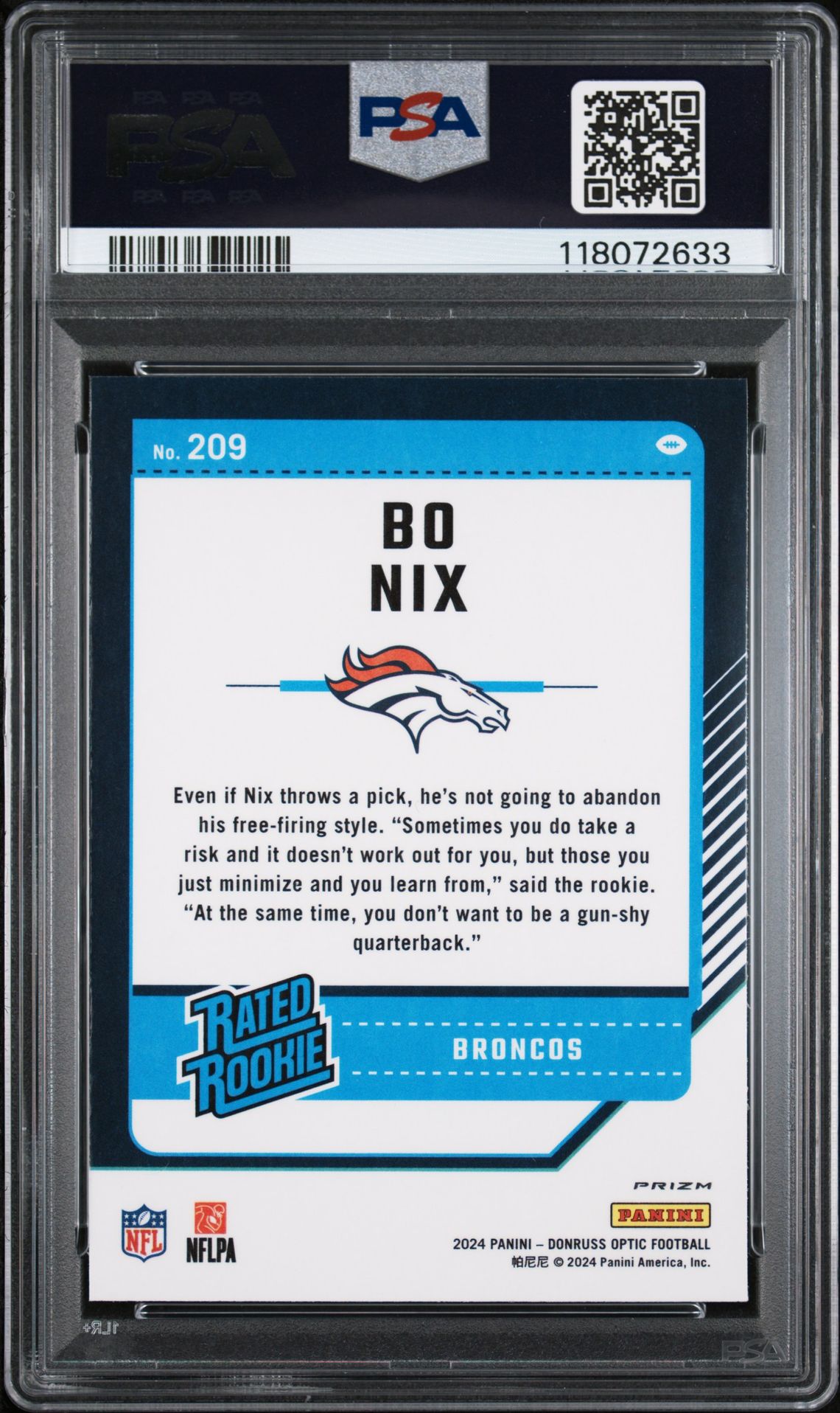 2024 Panini Donruss Optic Bo Nix #209 (Blue Scope) Gem Mt 10 back
