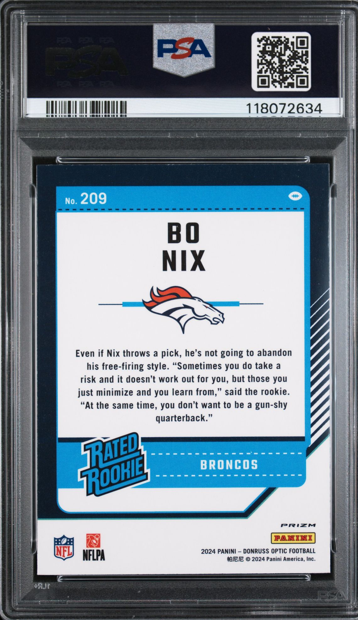 2024 Panini Donruss Optic Bo Nix #209 (Blue Hyper) Gem Mt 10 back