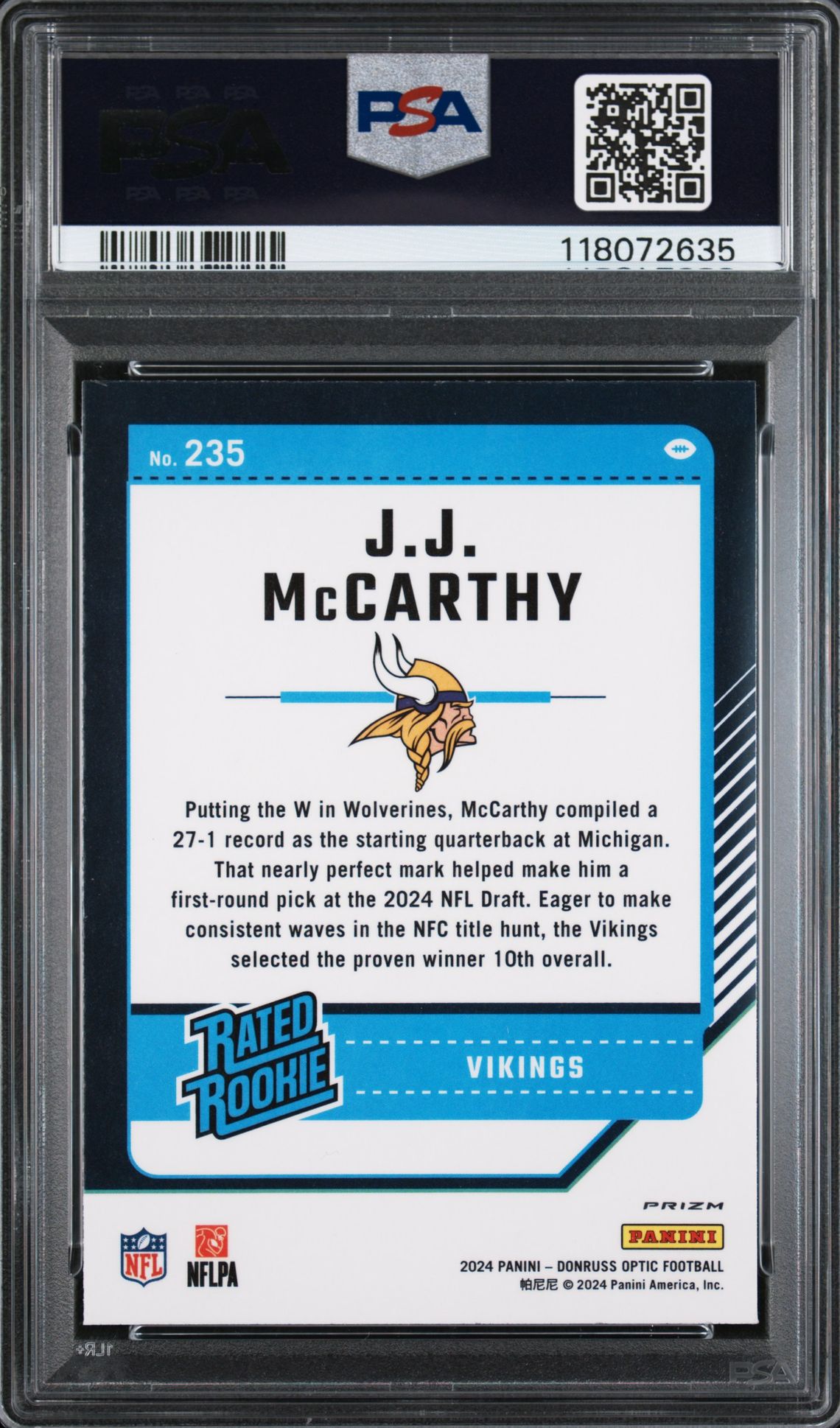2024 Panini Donruss Optic Jj Mccarthy #235 (Purple Shock) Gem Mt 10 back
