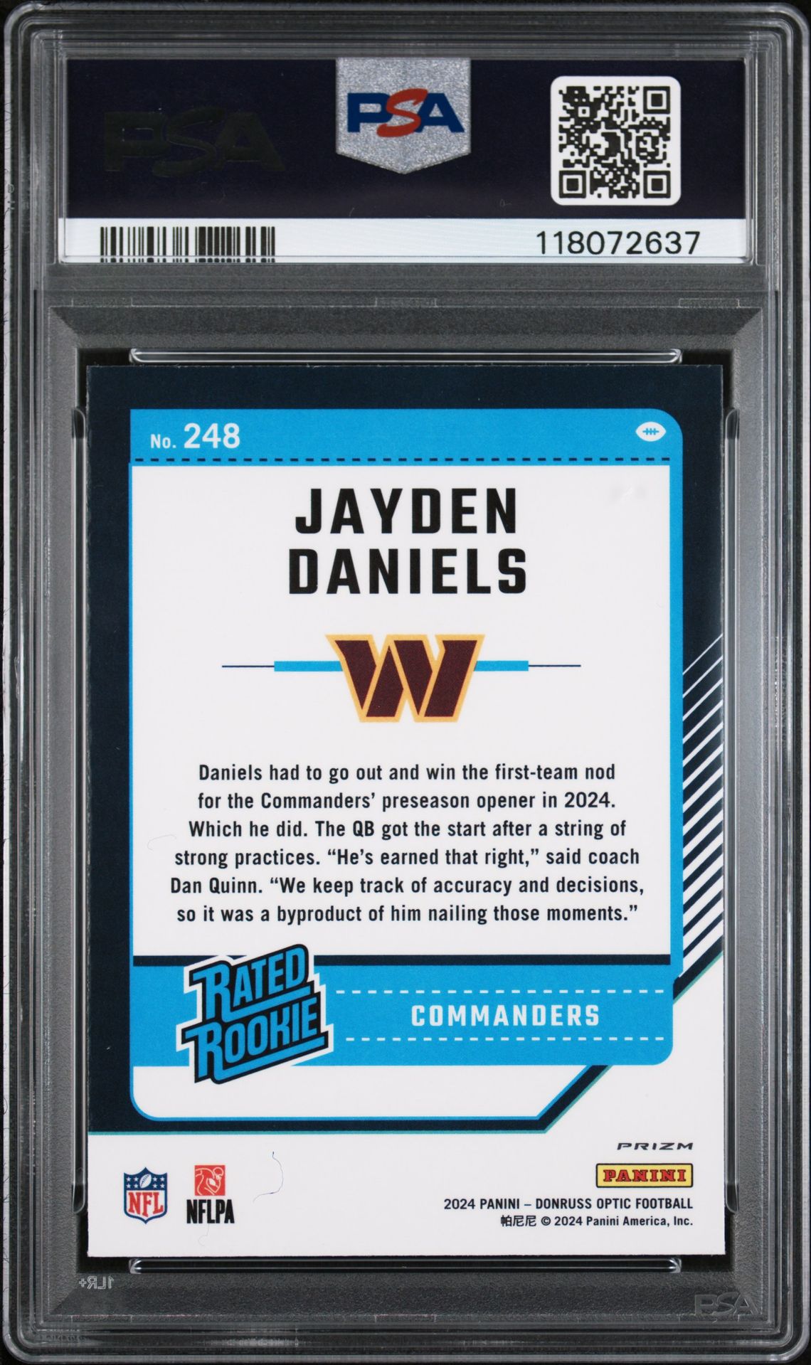2024 Panini Donruss Optic Jayden Daniels #248 (Blue Hyper) Gem Mt 10 back