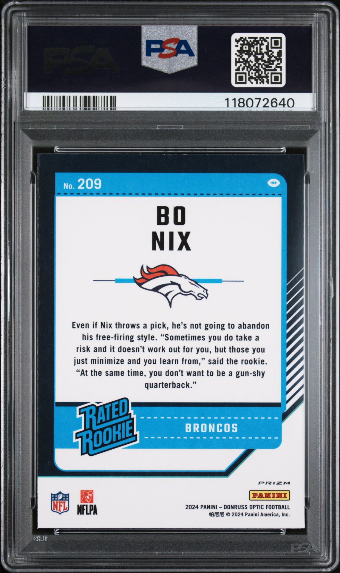2024 Panini Donruss Optic Bo Nix #209 (Blue Hyper) Gem Mt 10 back
