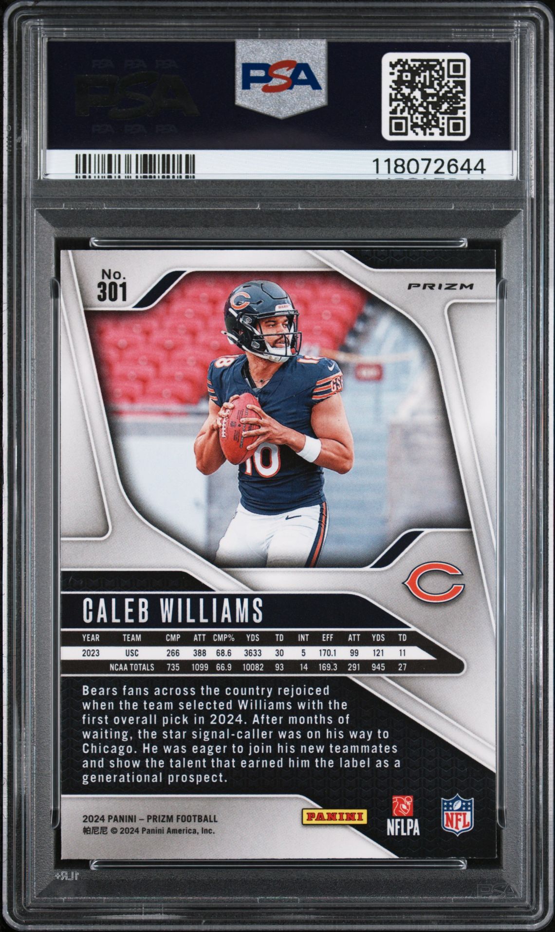 2024 Panini Prizm Caleb Williams #301 (Purple Pulsar) Gem Mt 10 back