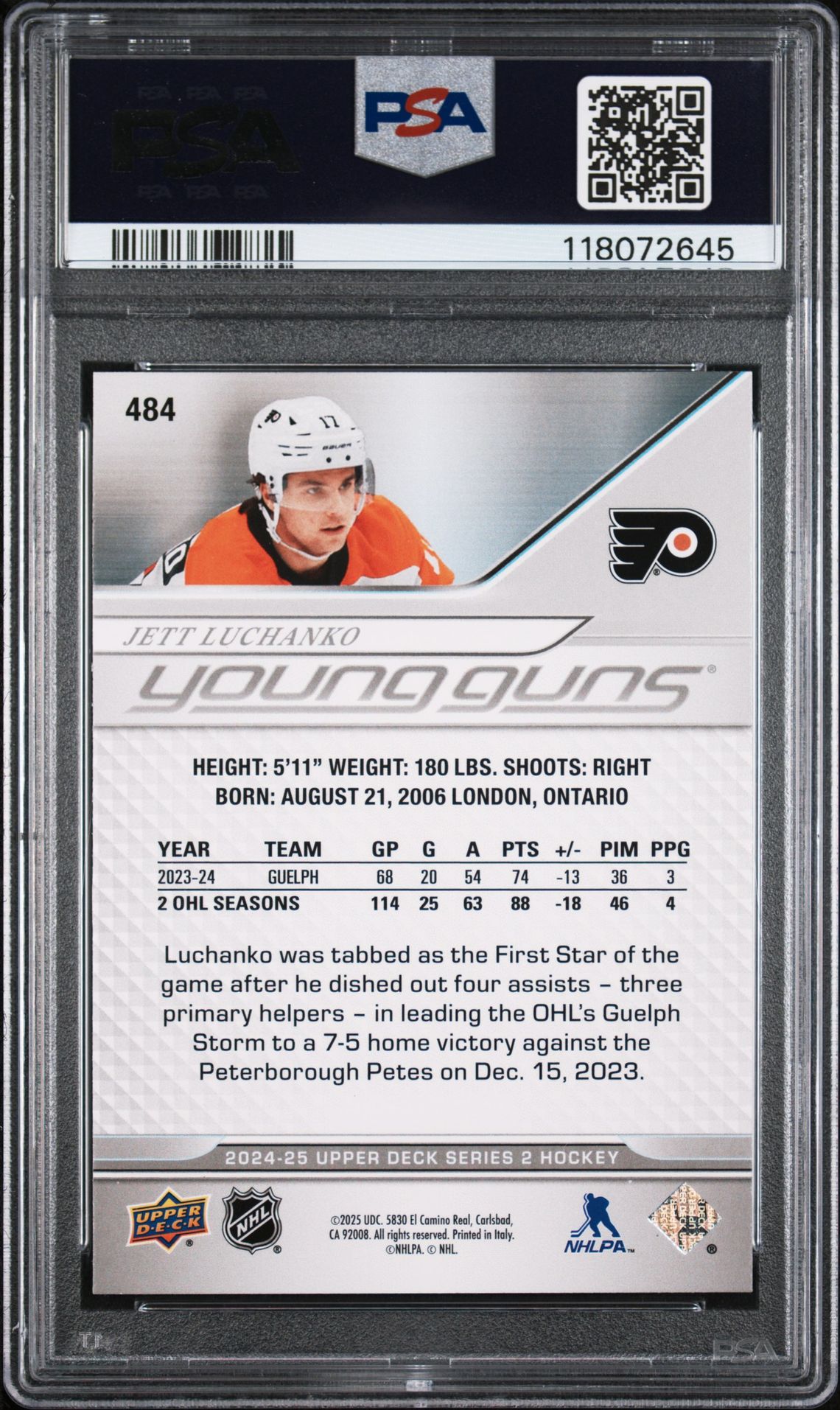 2024 Upper Deck Jett Luchanko #484 (Deluxe) Gem Mt 10 back