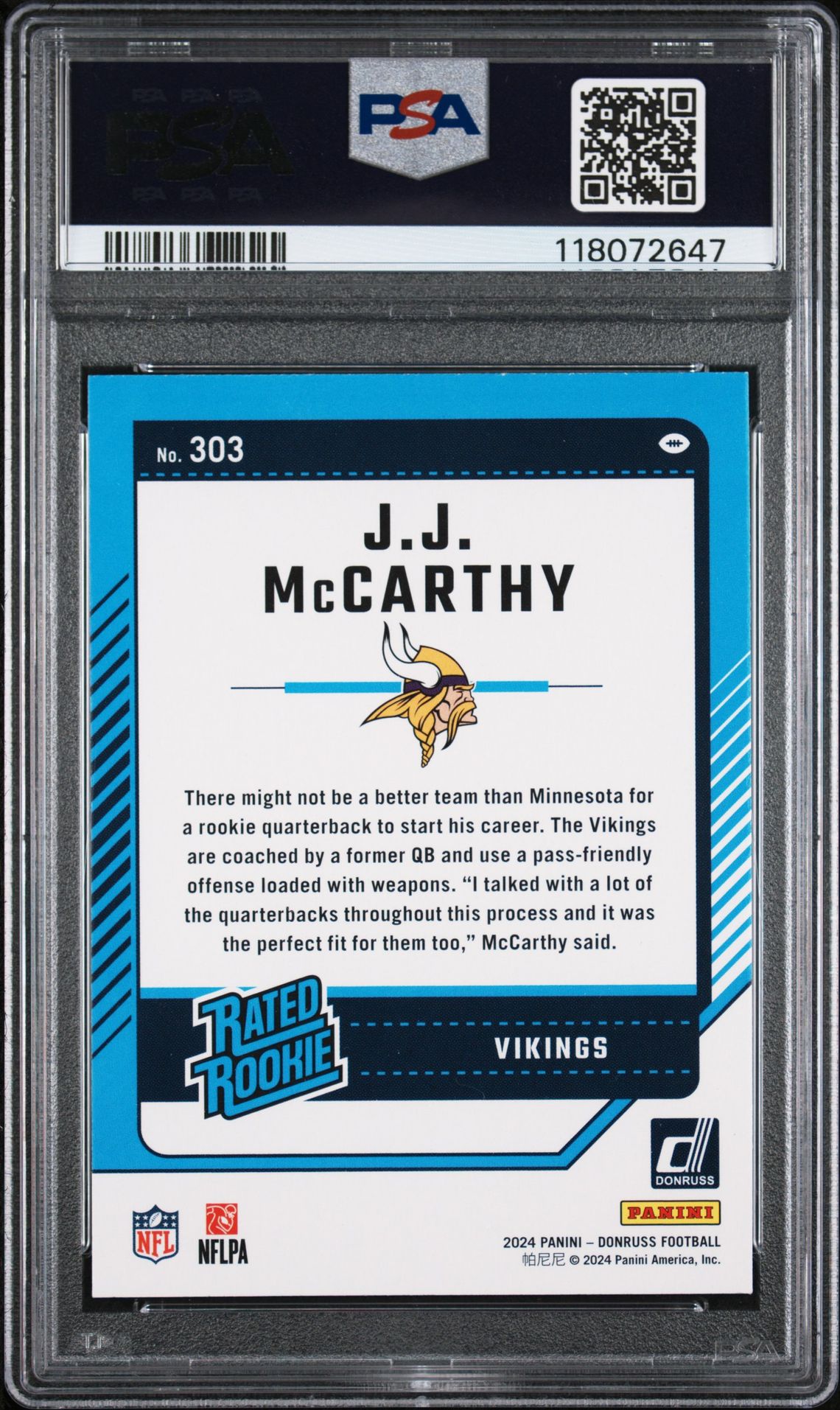 2024 Panini Donruss Jj Mccarthy #303 Gem Mt 10 back