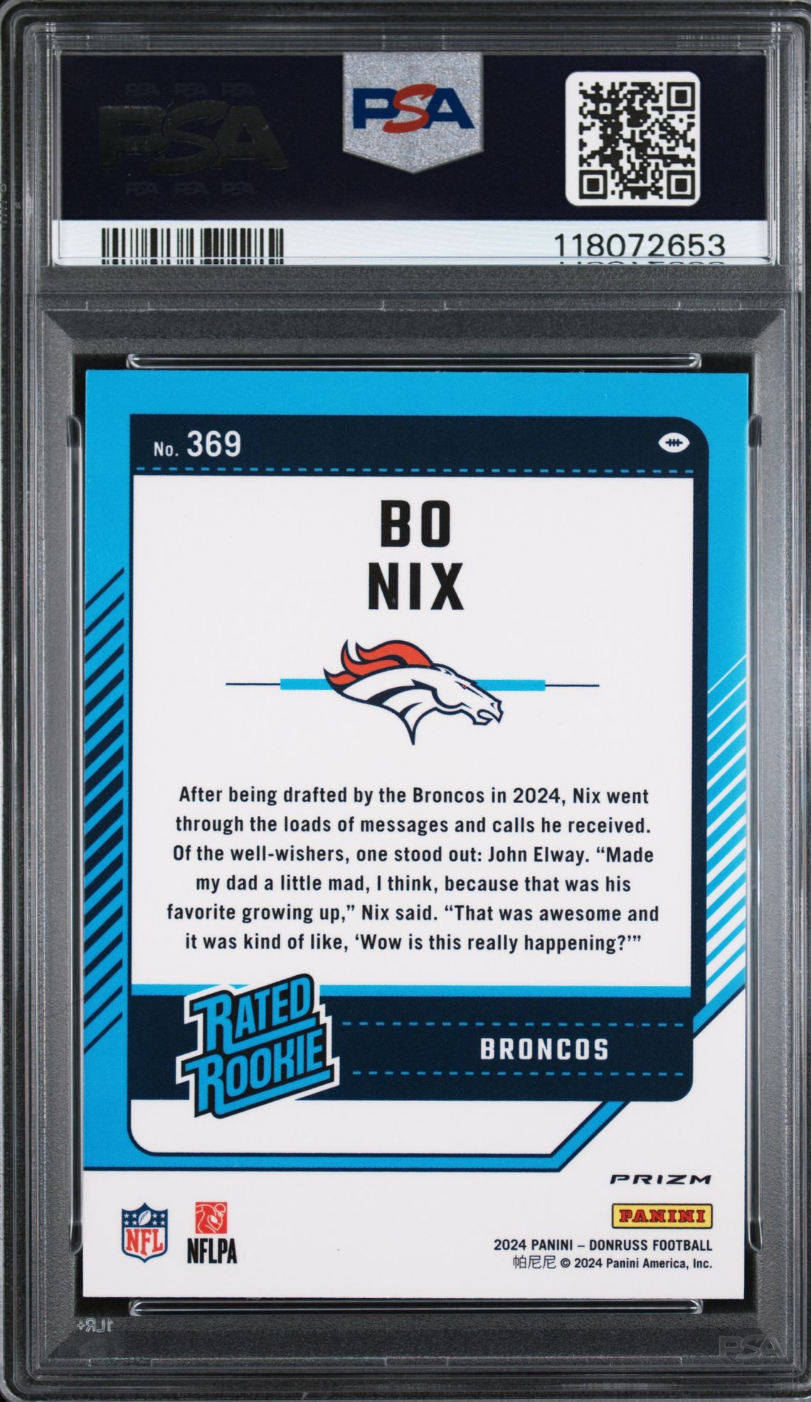 2024 Panini Donruss Bo Nix #369 (Optic Preview-Pink) Gem Mt 10 back