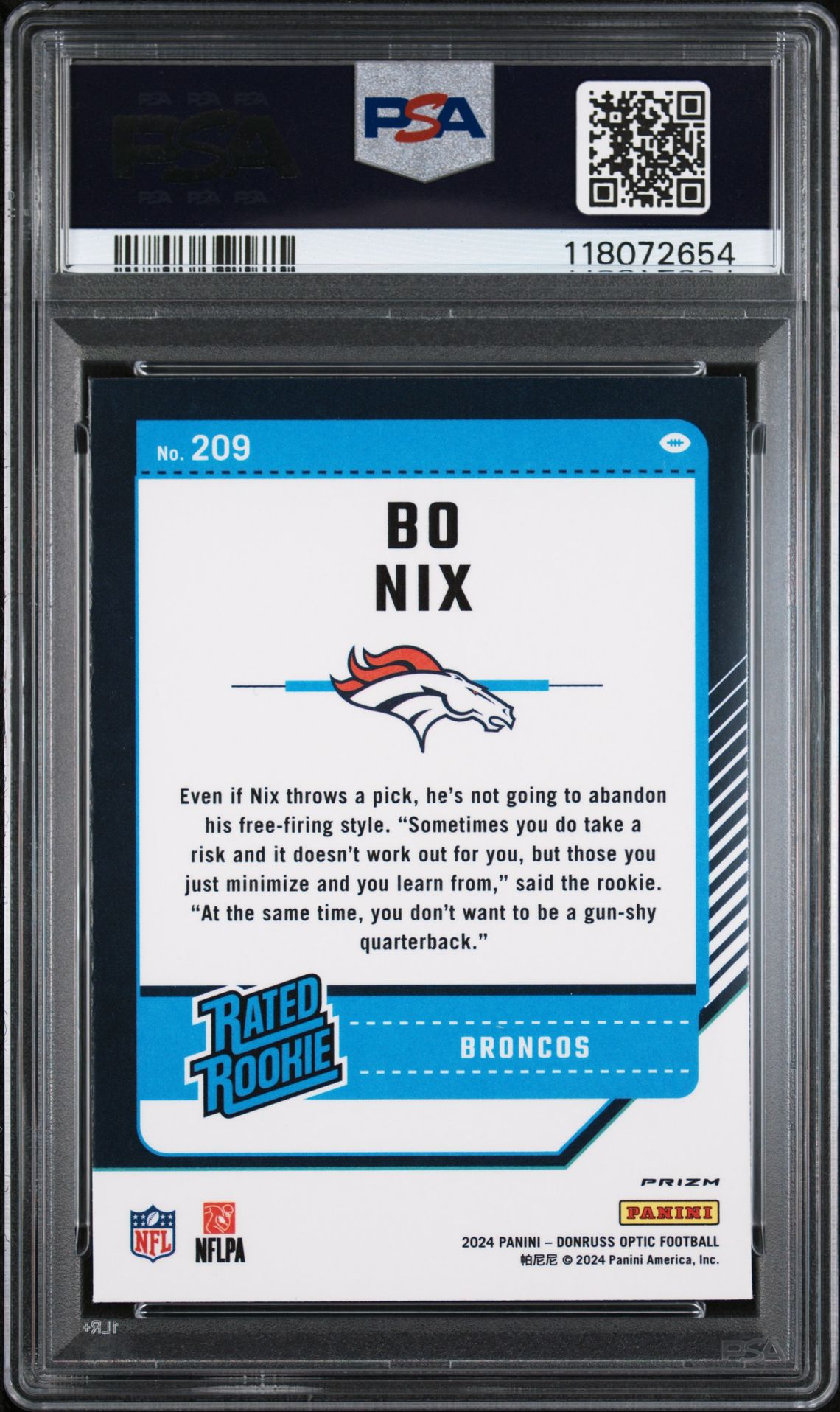 2024 Panini Donruss Optic Bo Nix #209 (Blue Scope) Gem Mt 10 back