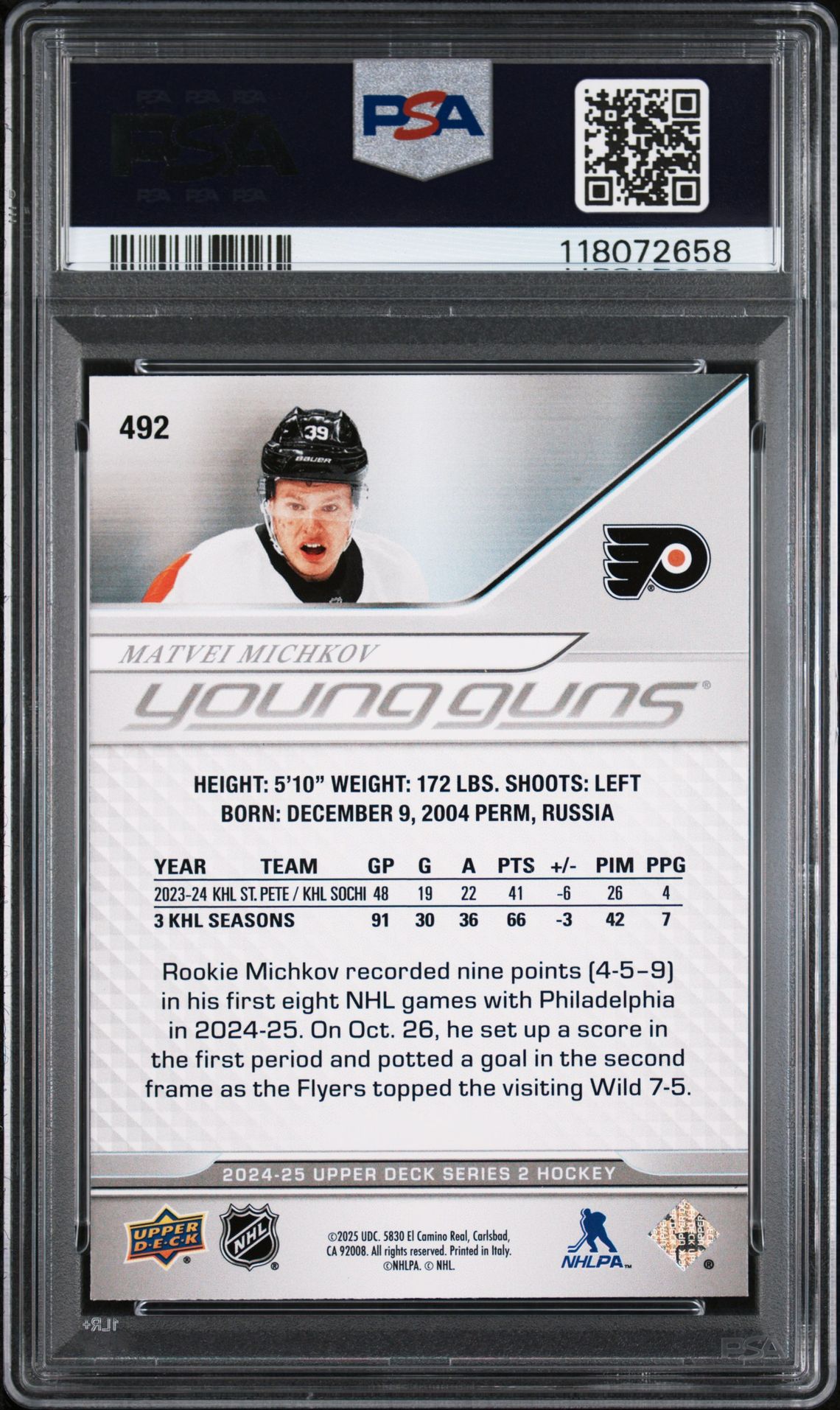 2024 Upper Deck Matvei Michkov #492 Gem Mt 10 back