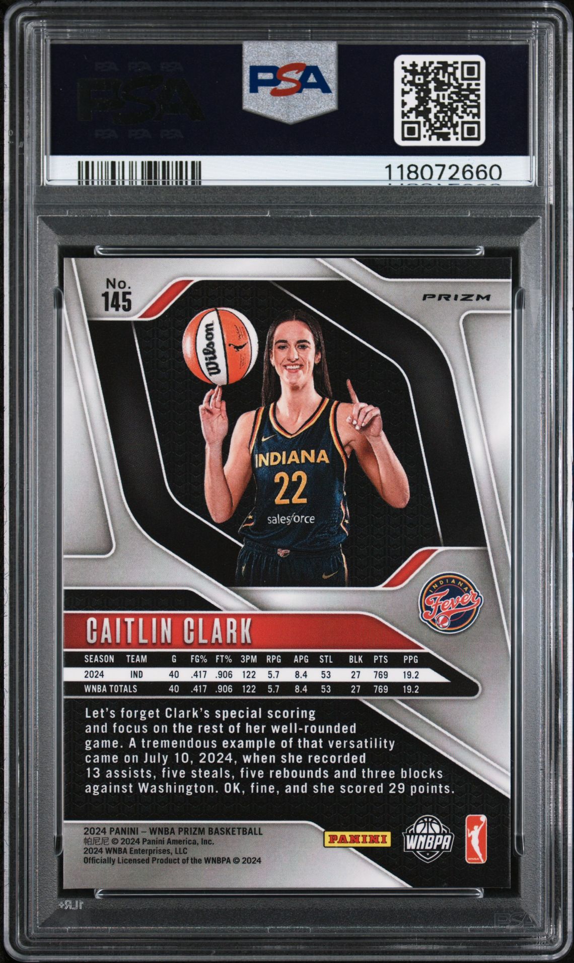2024 Panini Prizm Wnba Caitlin Clark #145 (Orange Ice) Gem Mt 10 back