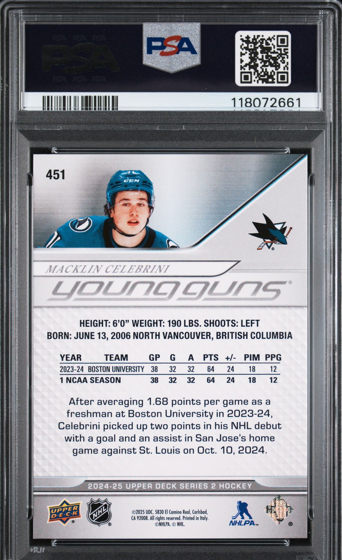 2024 Upper Deck Macklin Celebrini #451 Mint 9 back