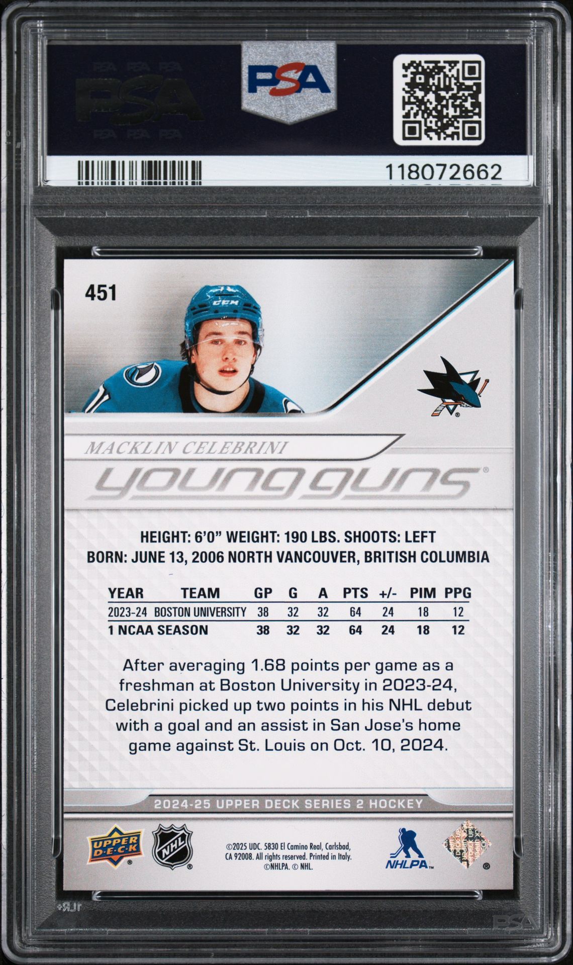 2024 Upper Deck Macklin Celebrini #451 Mint 9 back