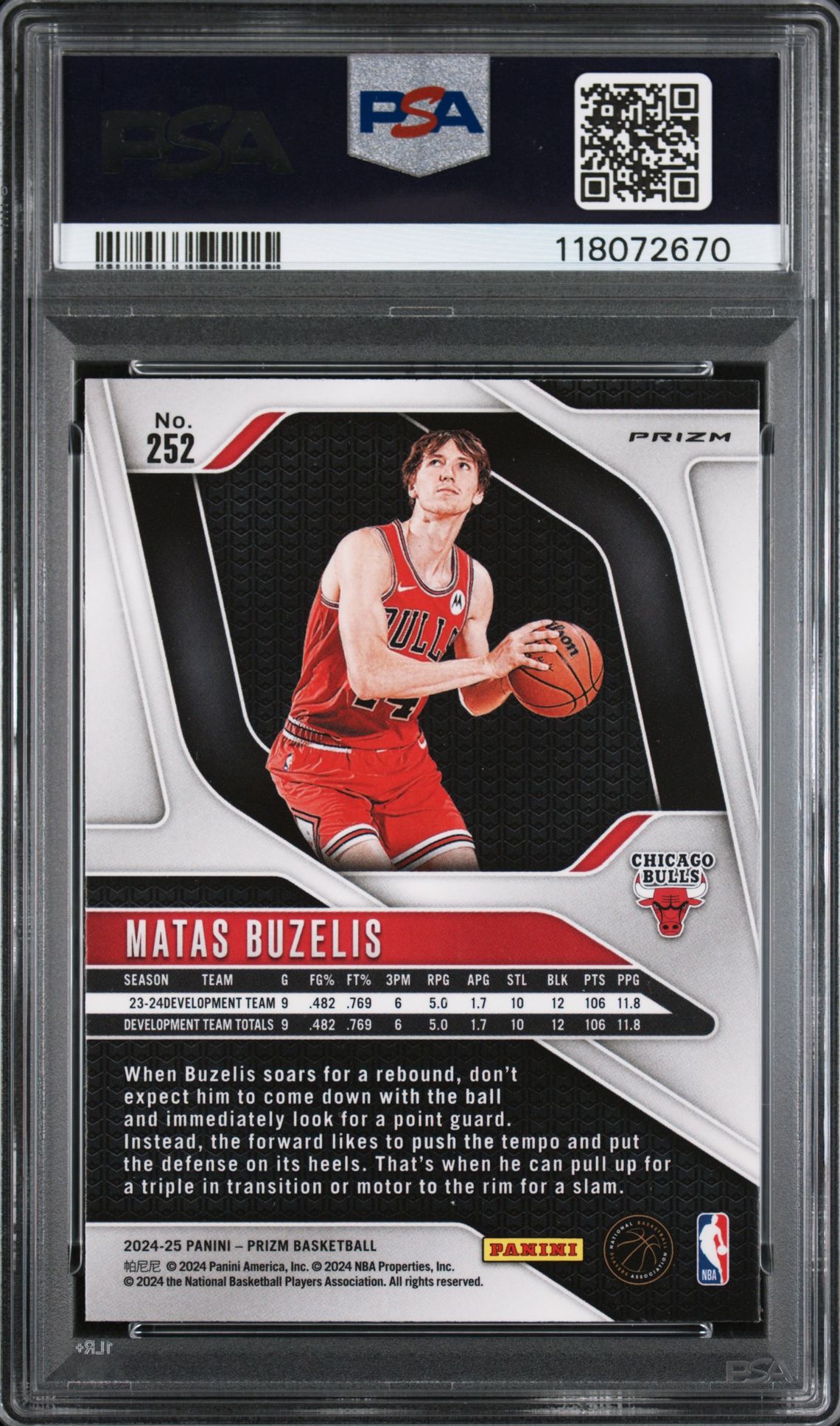 2024 Panini Prizm Matas Buzelis #252 (Silver Prizm) Mint 9 back